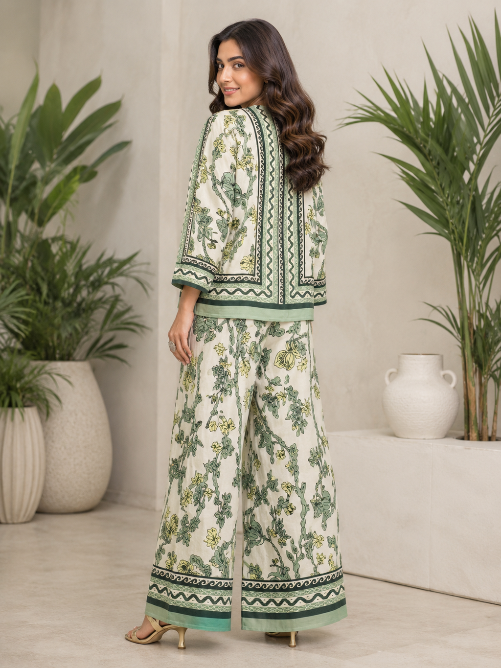 Cream & Sage Green Jaal Floral Block Print Ethnic Co-Ord Set – Kurta & Wide Leg Palazzo | Miss Kapachi