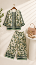 Cream & Sage Green Jaal Floral Block Print Ethnic Co-Ord Set – Kurta & Wide Leg Palazzo | Miss Kapachi