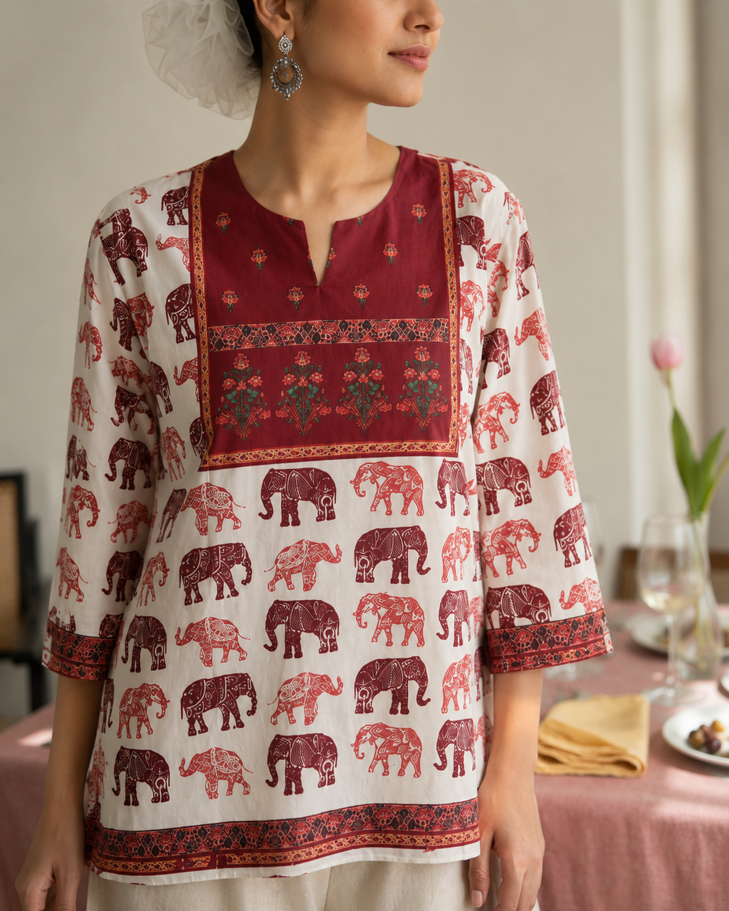 White & Maroon Elephant Parade Ethnic Print Full Sleeve Kurti | Miss Kapachi