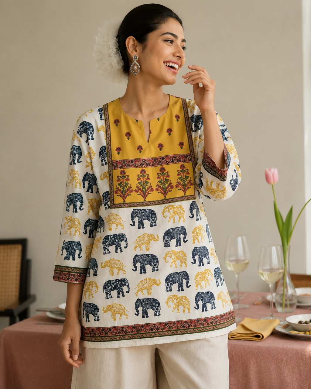 White & Maroon Elephant Parade Ethnic Print Full Sleeve Kurti | Miss Kapachi