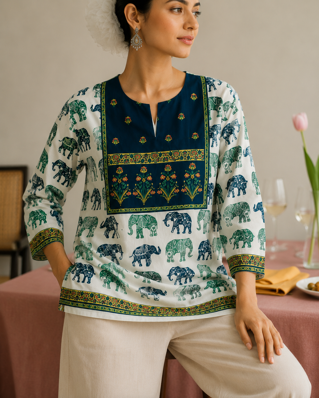 White & Maroon Elephant Parade Ethnic Print Full Sleeve Kurti | Miss Kapachi