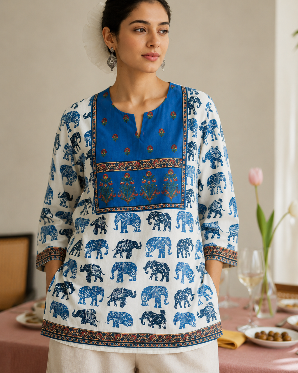 White & Maroon Elephant Parade Ethnic Print Full Sleeve Kurti | Miss Kapachi
