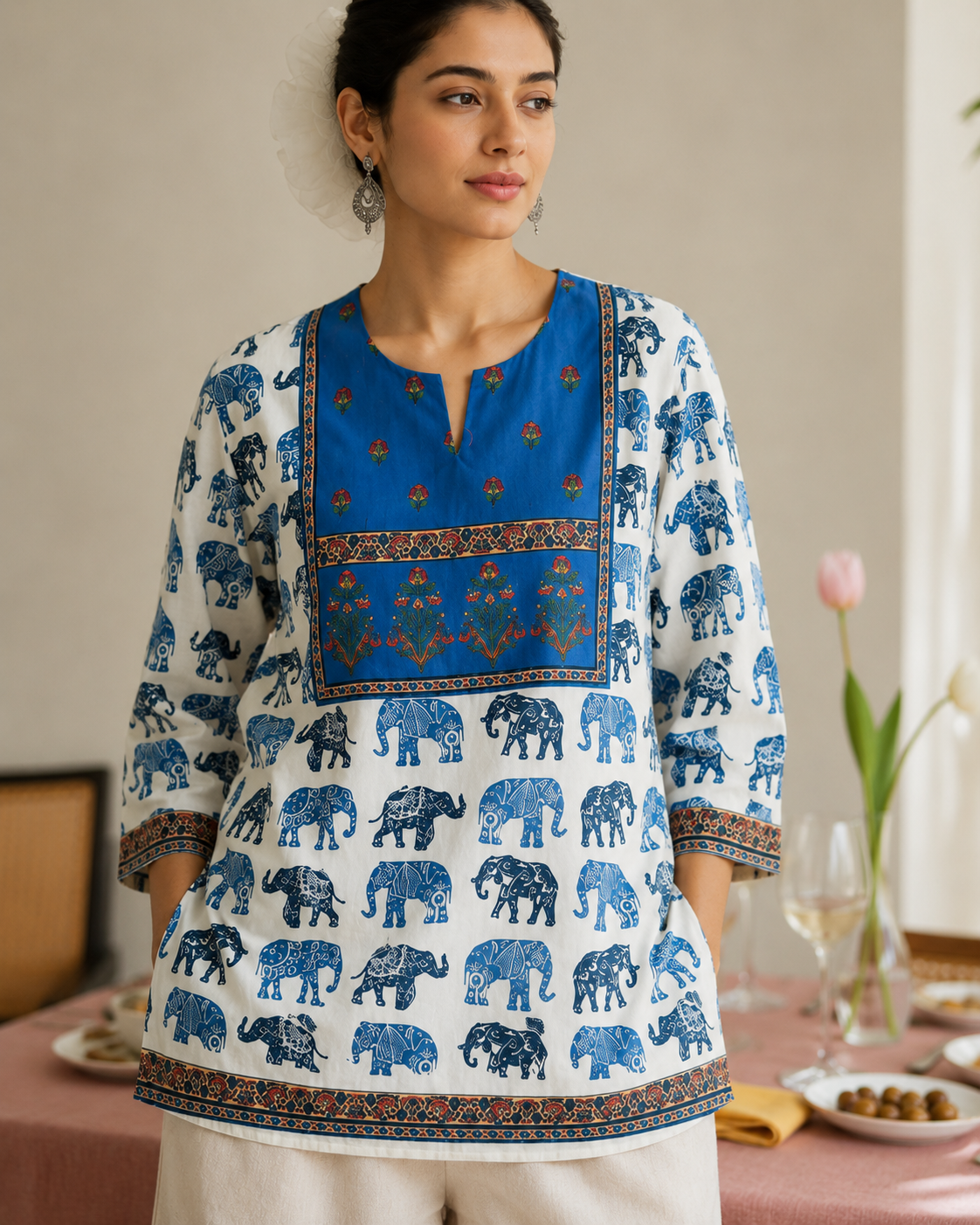 White & Maroon Elephant Parade Ethnic Print Full Sleeve Kurti | Miss Kapachi