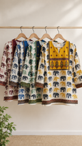 White & Maroon Elephant Parade Ethnic Print Full Sleeve Kurti | Miss Kapachi