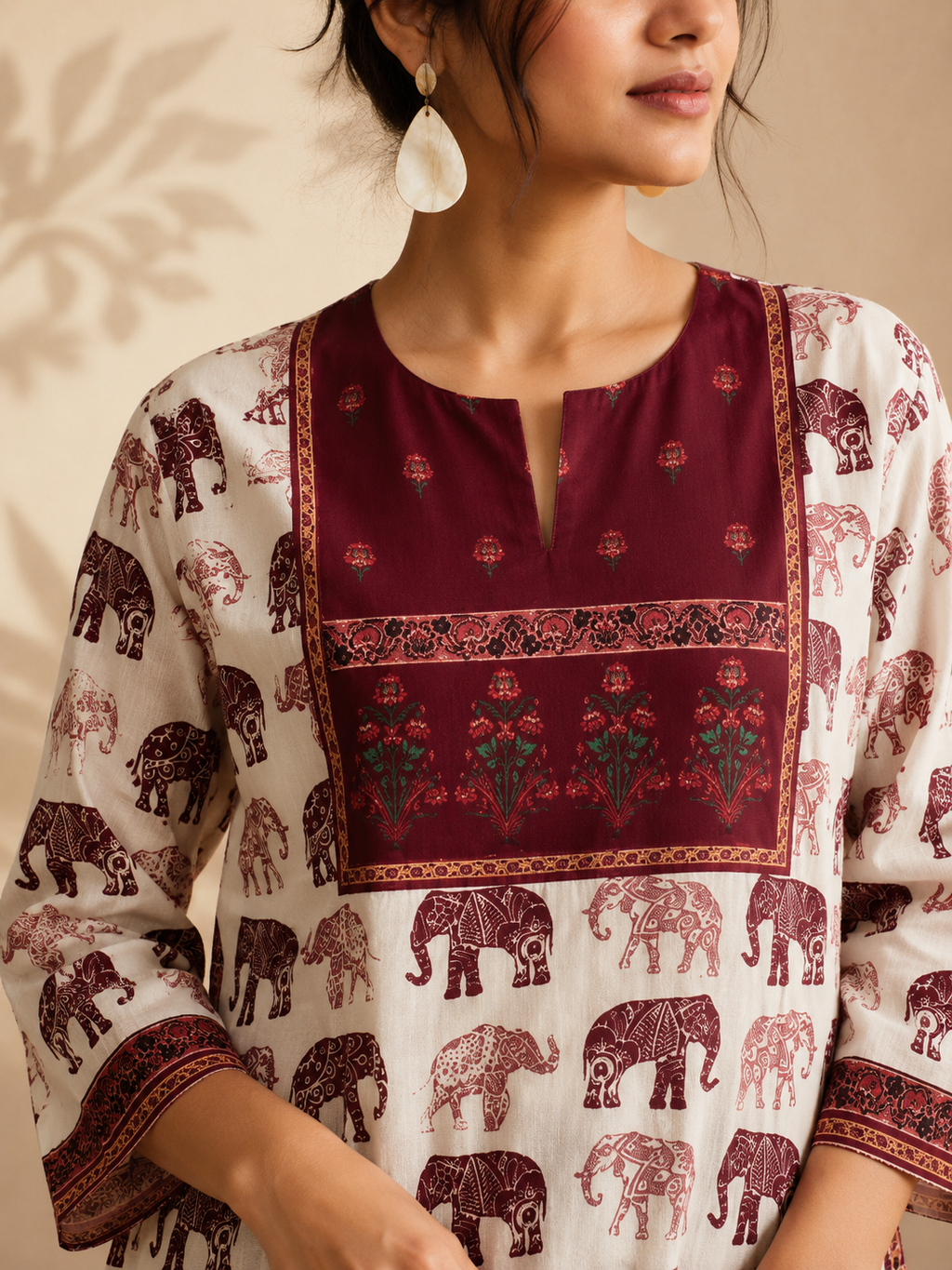 White & Maroon Elephant Parade Ethnic Print Full Sleeve Kurti | Miss Kapachi