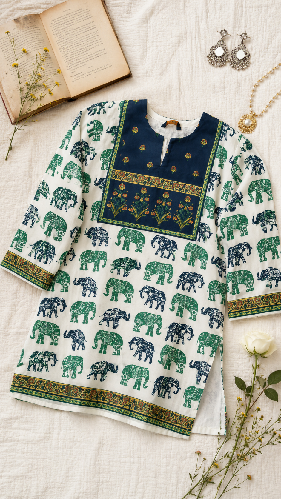 White & Maroon Elephant Parade Ethnic Print Full Sleeve Kurti | Miss Kapachi