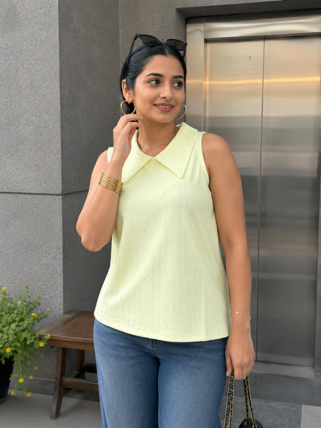 Sleeveless Open Collar Knit Top for Women | Diamond Texture | Miss Kapachi