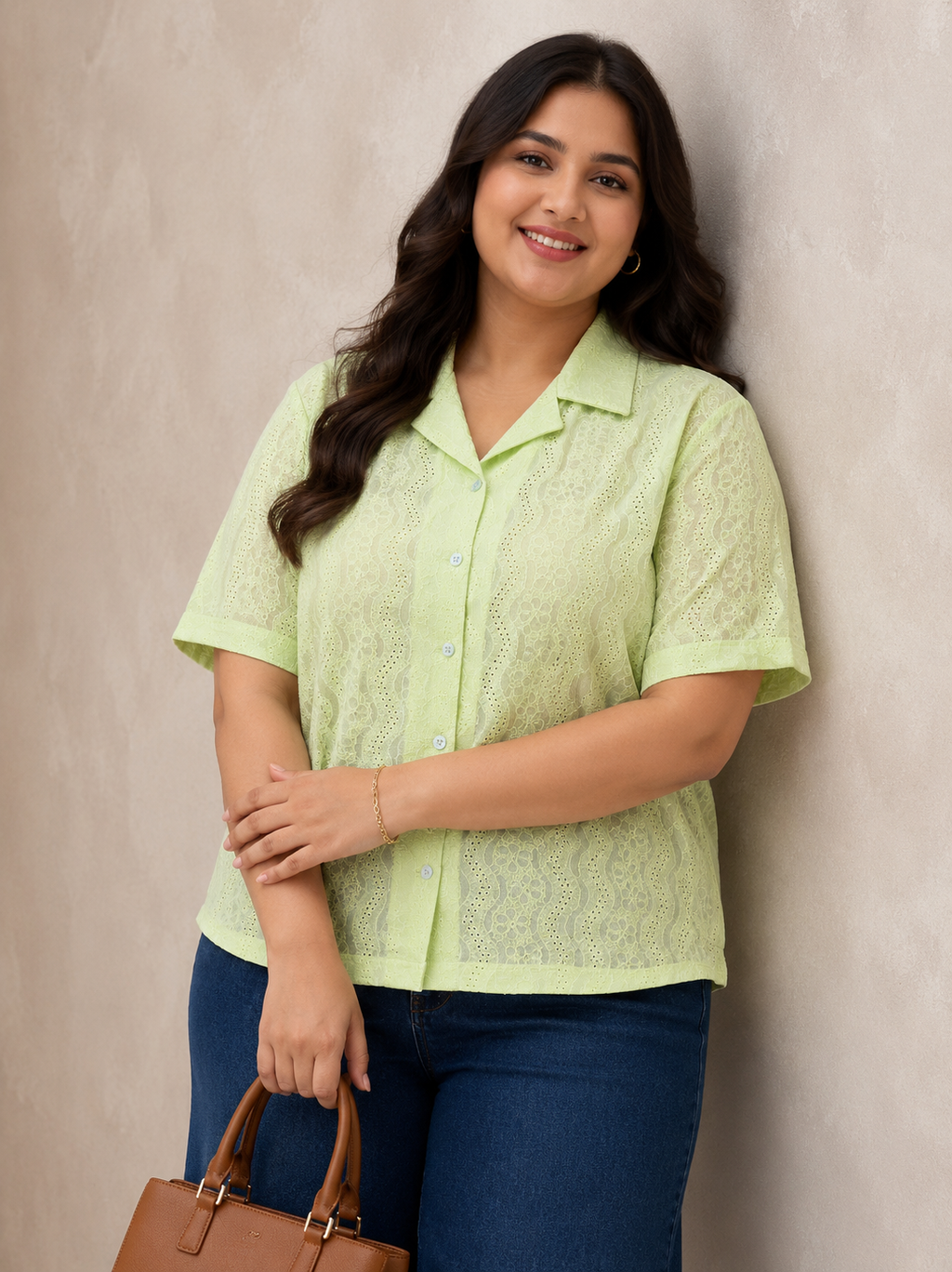 Women's Floral Lace Button-Down Short Sleeve Shirt | Zero+1 | Plus Size (3XL–4XL)