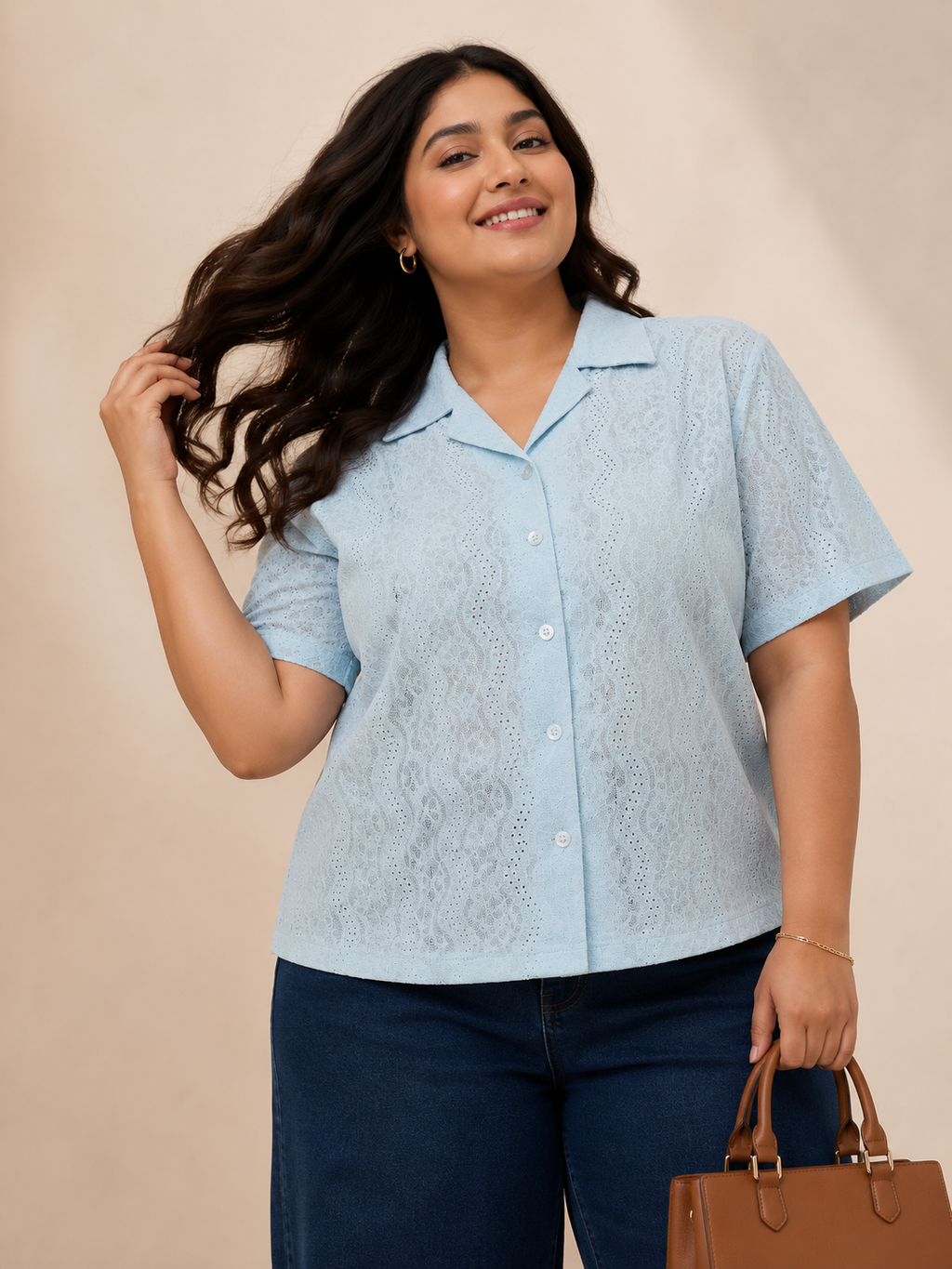 Women's Floral Lace Button-Down Short Sleeve Shirt | Zero+1 | Plus Size (3XL–4XL)