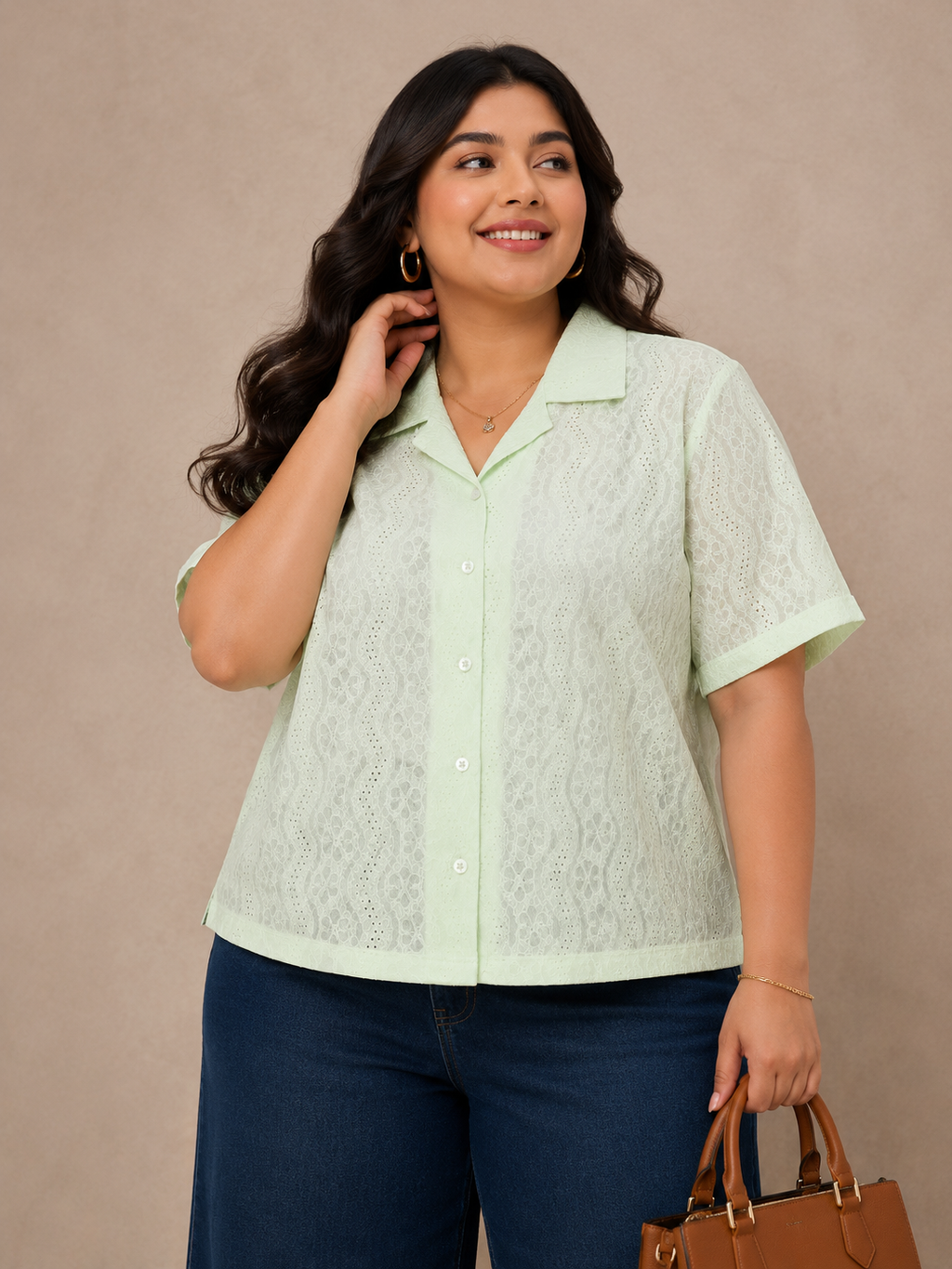 Women's Floral Lace Button-Down Short Sleeve Shirt | Zero+1 | Plus Size (3XL–4XL)