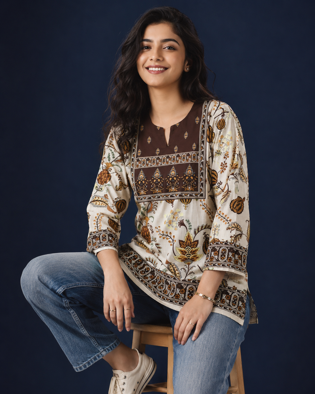 Cream & Maroon Hasta Mudra Hand Motif Ethnic Print Full Sleeve Kurti | Miss Kapachi