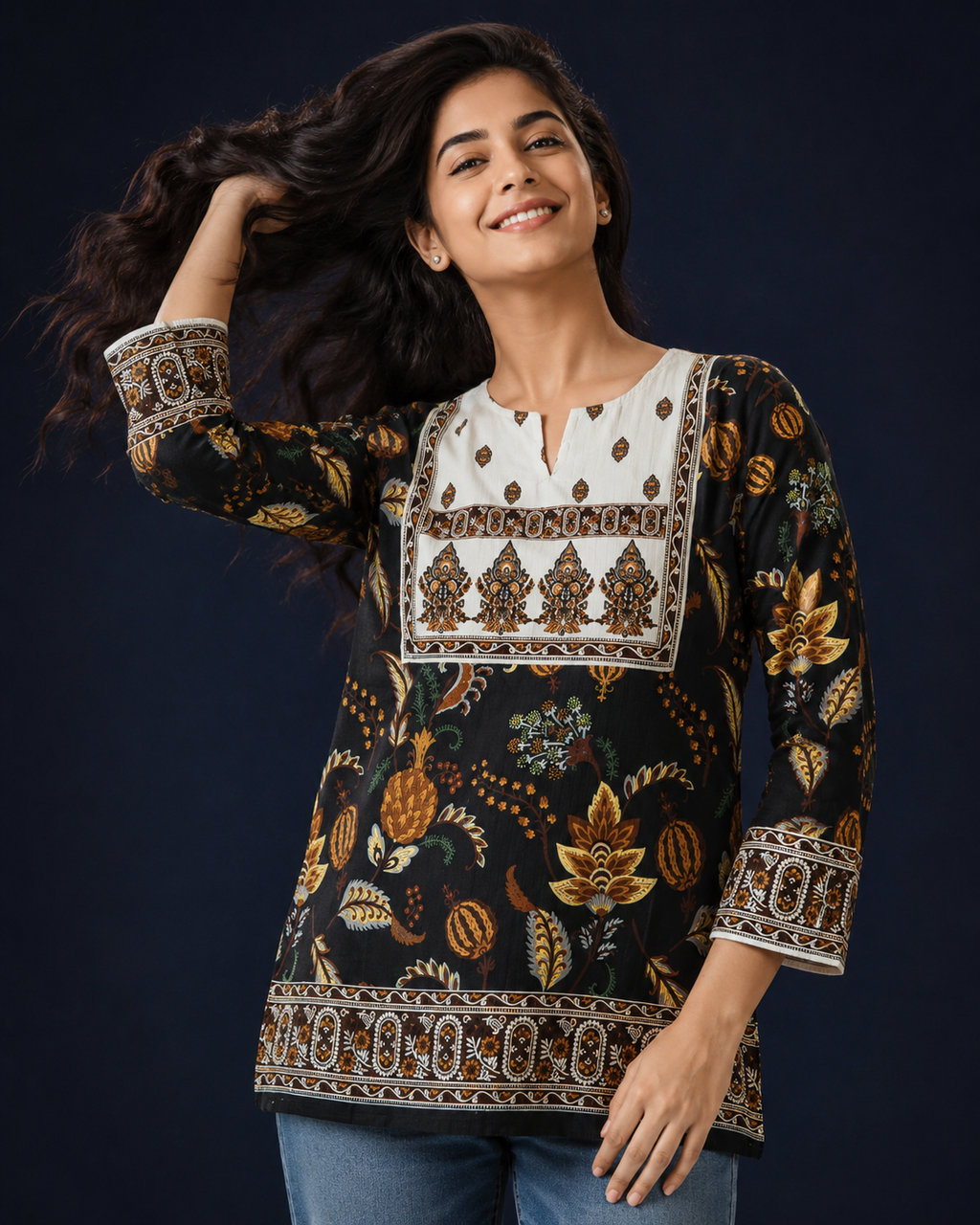 Cream & Maroon Hasta Mudra Hand Motif Ethnic Print Full Sleeve Kurti | Miss Kapachi