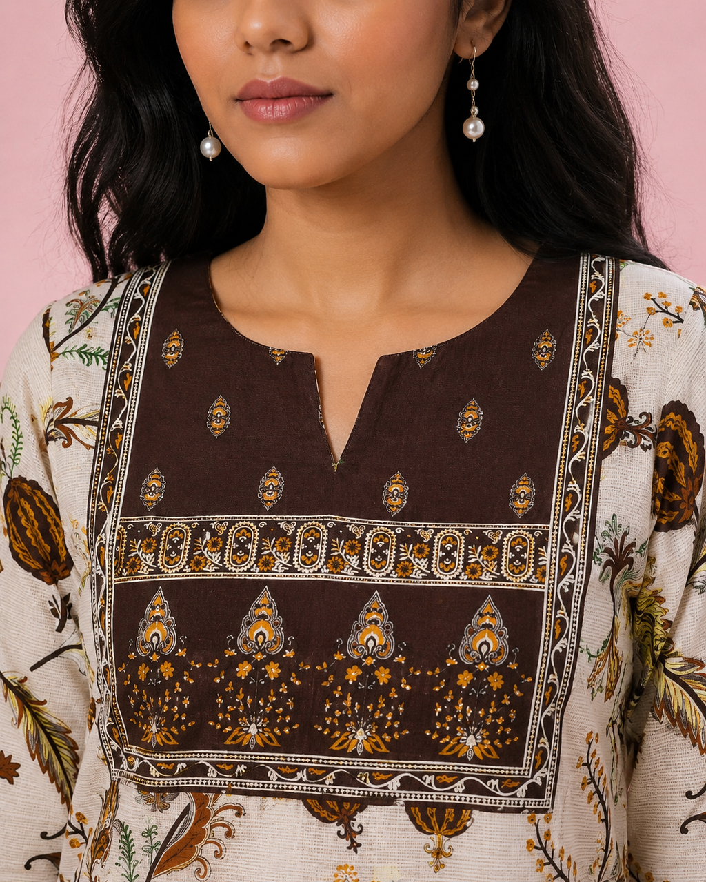Cream & Maroon Hasta Mudra Hand Motif Ethnic Print Full Sleeve Kurti | Miss Kapachi