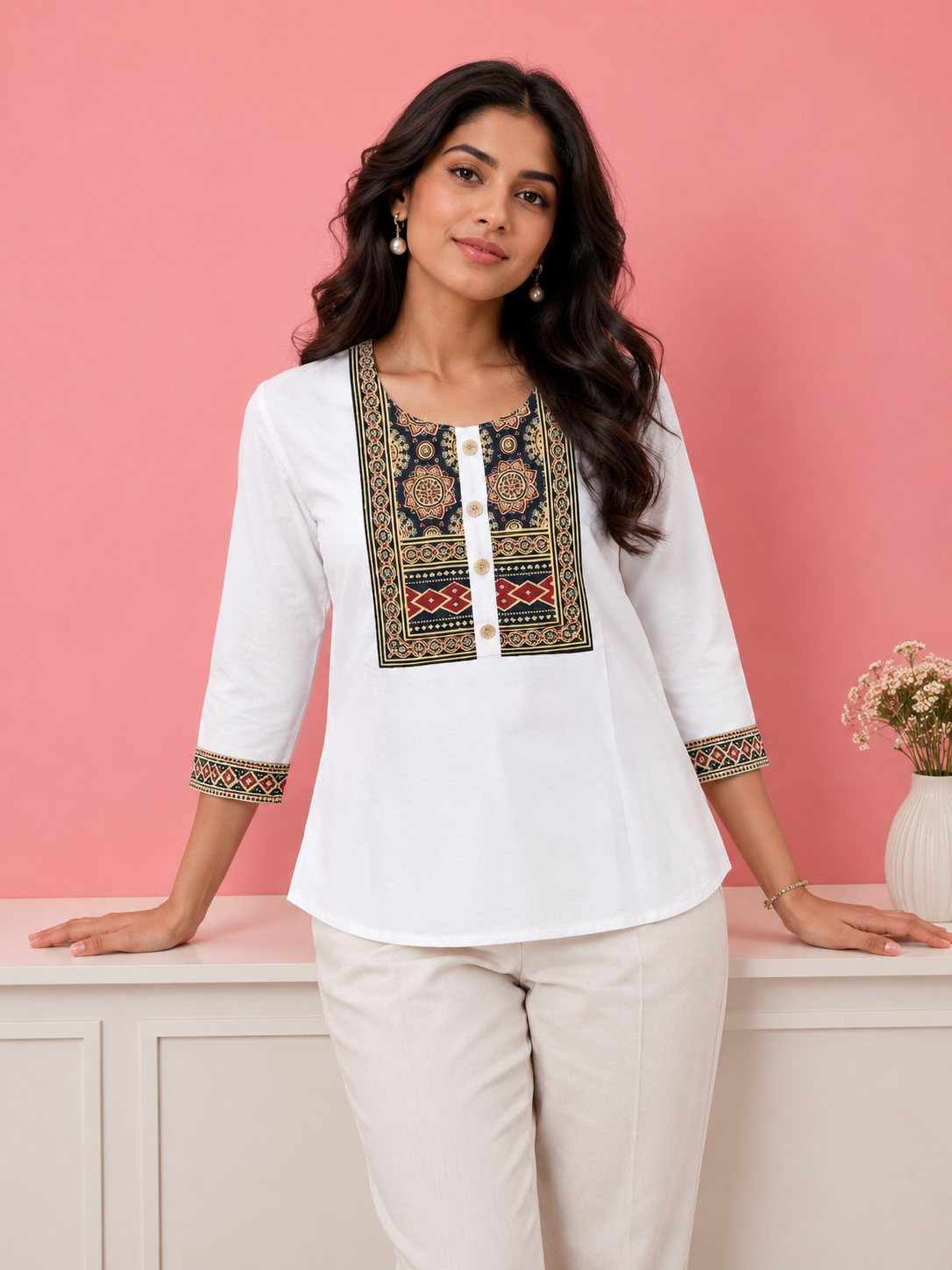Yoke Print Cotton Kurti top for Women – Ethnic Embroidered Neckline | Miss Kapachi