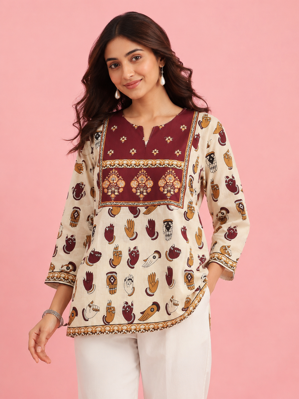 White & Mustard Botanical Leaf Ethnic Print 3/4 Sleeve Kurti | Miss Kapachi