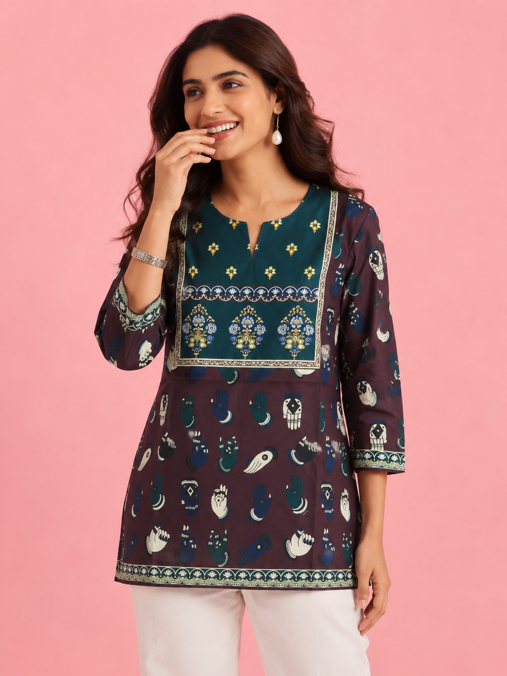 White & Mustard Botanical Leaf Ethnic Print 3/4 Sleeve Kurti | Miss Kapachi
