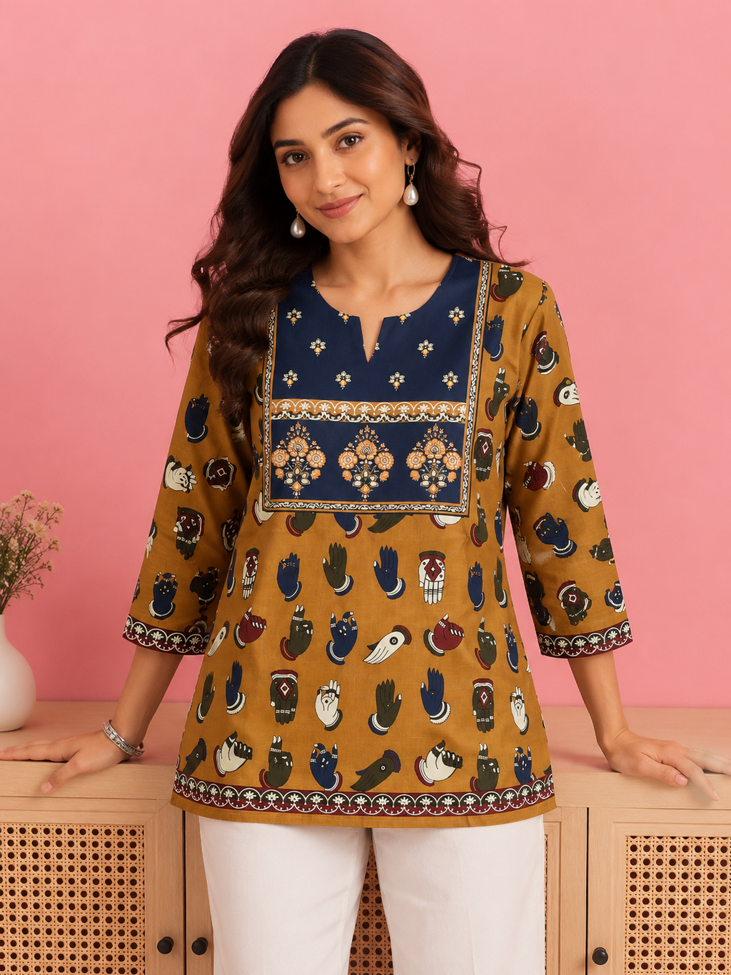 White & Mustard Botanical Leaf Ethnic Print 3/4 Sleeve Kurti | Miss Kapachi