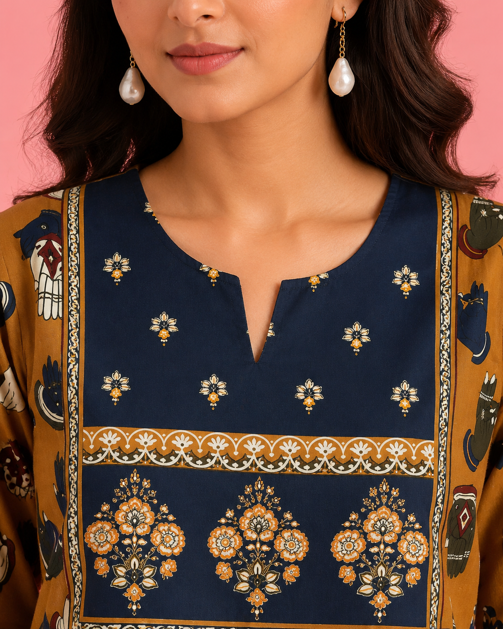 White & Mustard Botanical Leaf Ethnic Print 3/4 Sleeve Kurti | Miss Kapachi