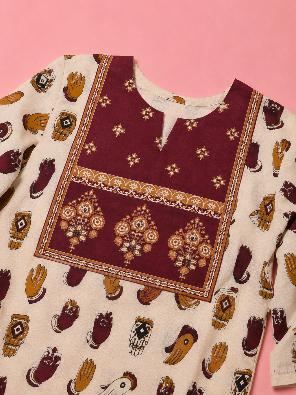 White & Mustard Botanical Leaf Ethnic Print 3/4 Sleeve Kurti | Miss Kapachi