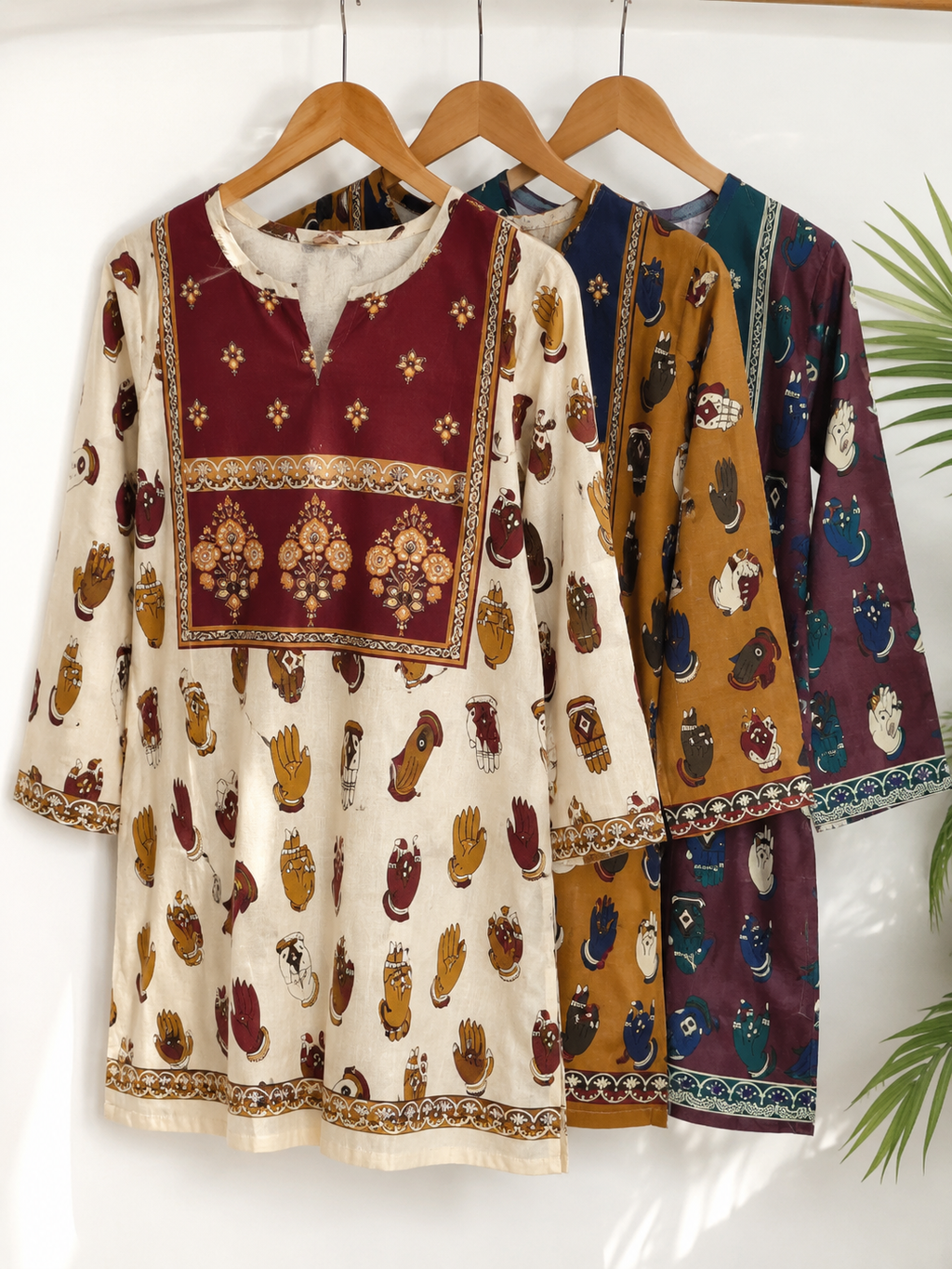 White & Mustard Botanical Leaf Ethnic Print 3/4 Sleeve Kurti | Miss Kapachi