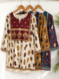 White & Mustard Botanical Leaf Ethnic Print 3/4 Sleeve Kurti | Miss Kapachi