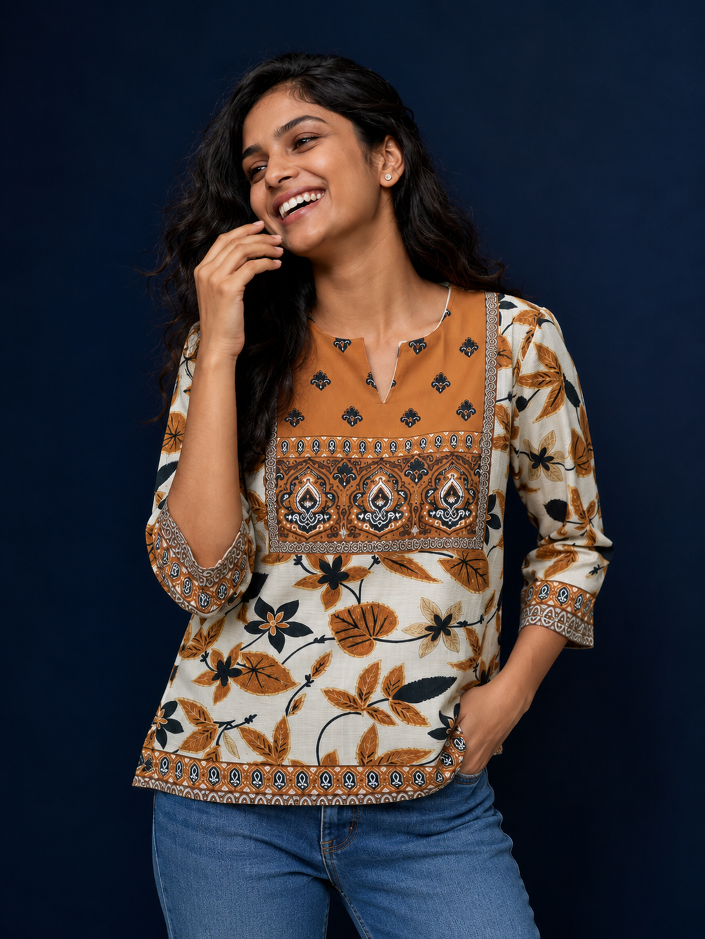 White & Brown Jacobean Floral Heritage Print Full Sleeve Kurti | Miss Kapachi