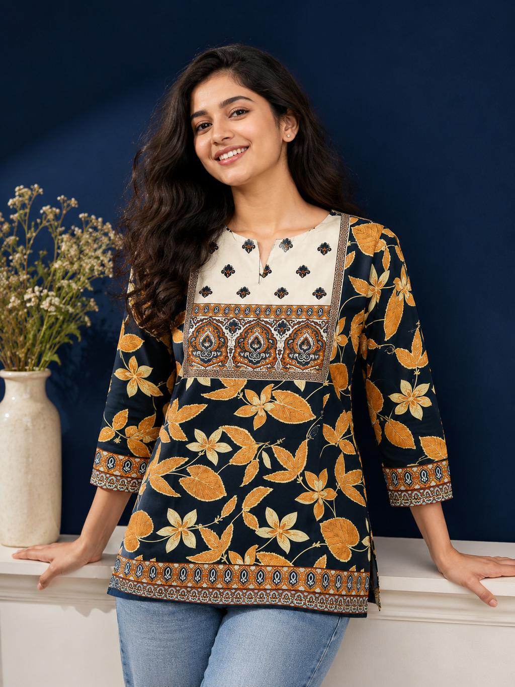 White & Brown Jacobean Floral Heritage Print Full Sleeve Kurti | Miss Kapachi