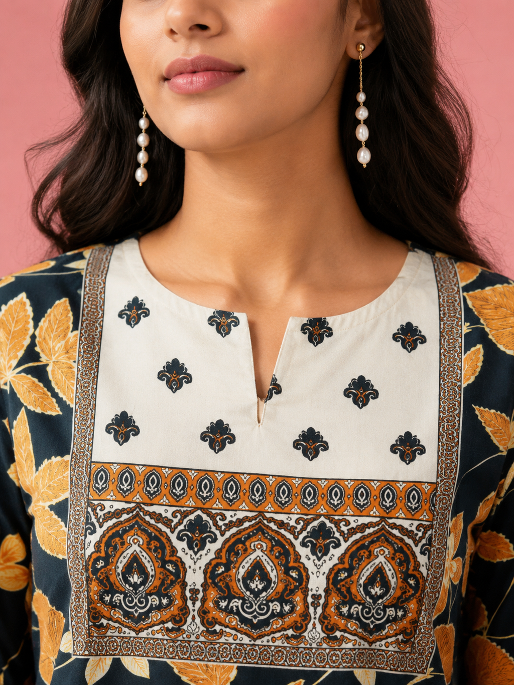 White & Brown Jacobean Floral Heritage Print Full Sleeve Kurti | Miss Kapachi
