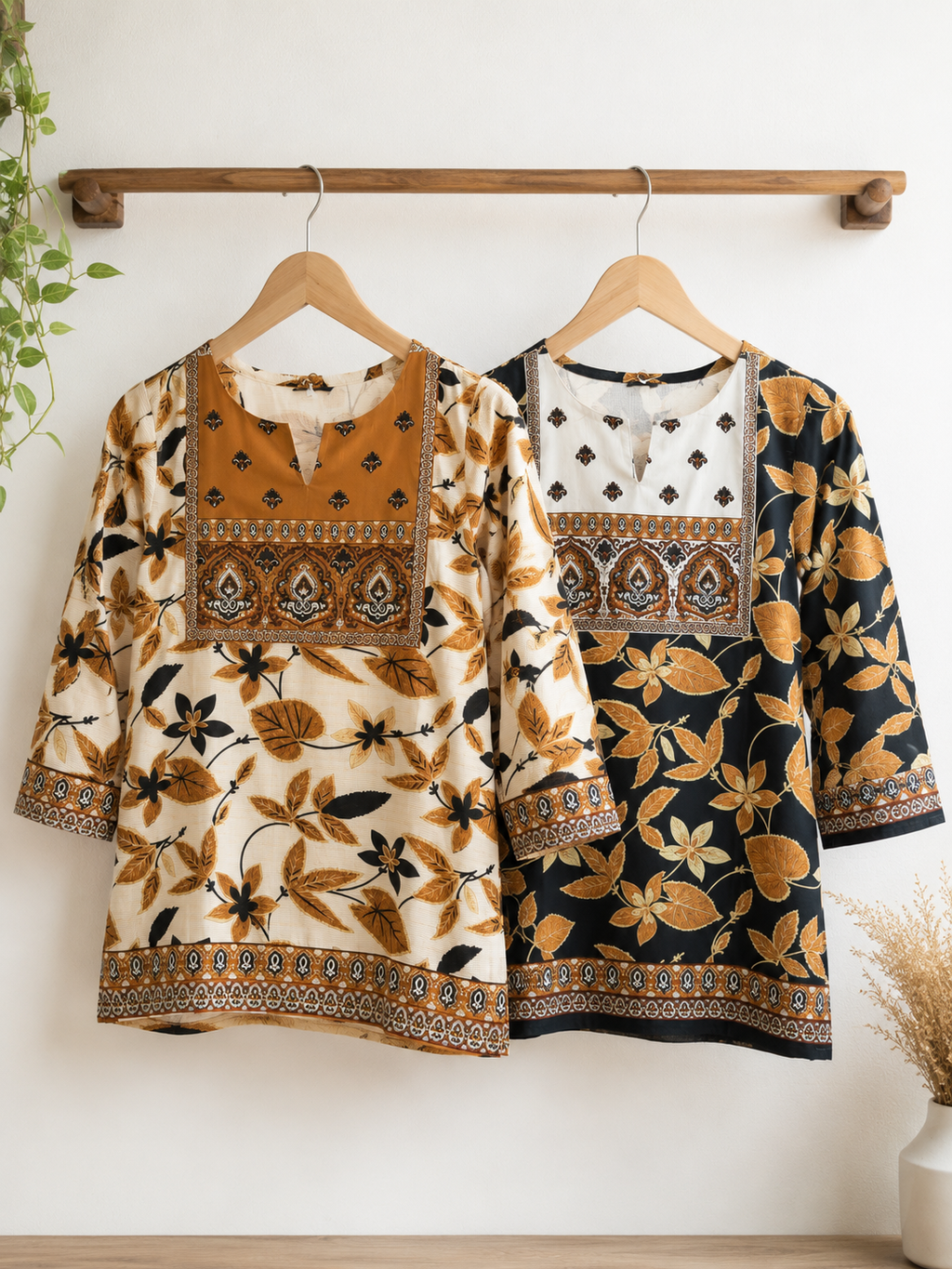 White & Brown Jacobean Floral Heritage Print Full Sleeve Kurti | Miss Kapachi