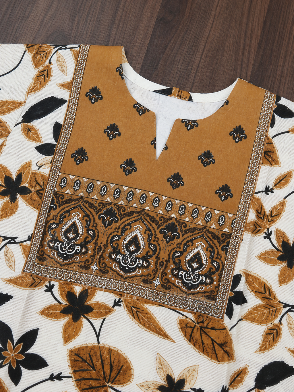 White & Brown Jacobean Floral Heritage Print Full Sleeve Kurti | Miss Kapachi