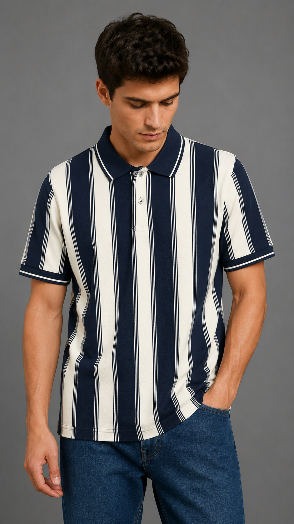 Men's Vertical Stripe Polo T-Shirt | Imported Knit Fabric | Lemon 8