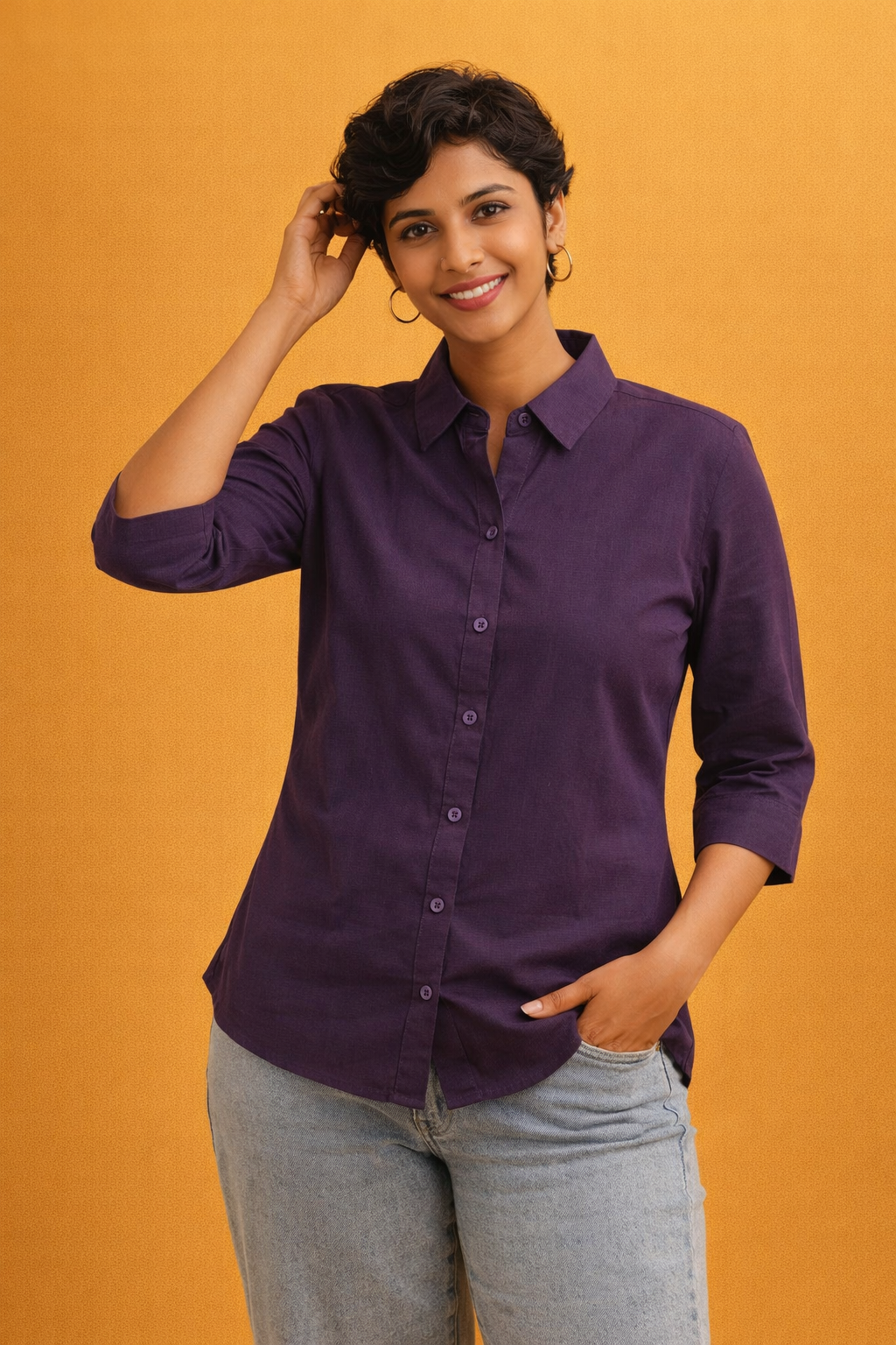 Cotton Solid Collar Shirt for Women | 3/4 Sleeves | Sizes L XL XXL | Miss Kapachi