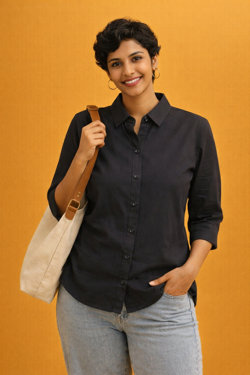 Cotton Solid Collar Shirt for Women | 3/4 Sleeves | Sizes L XL XXL | Miss Kapachi