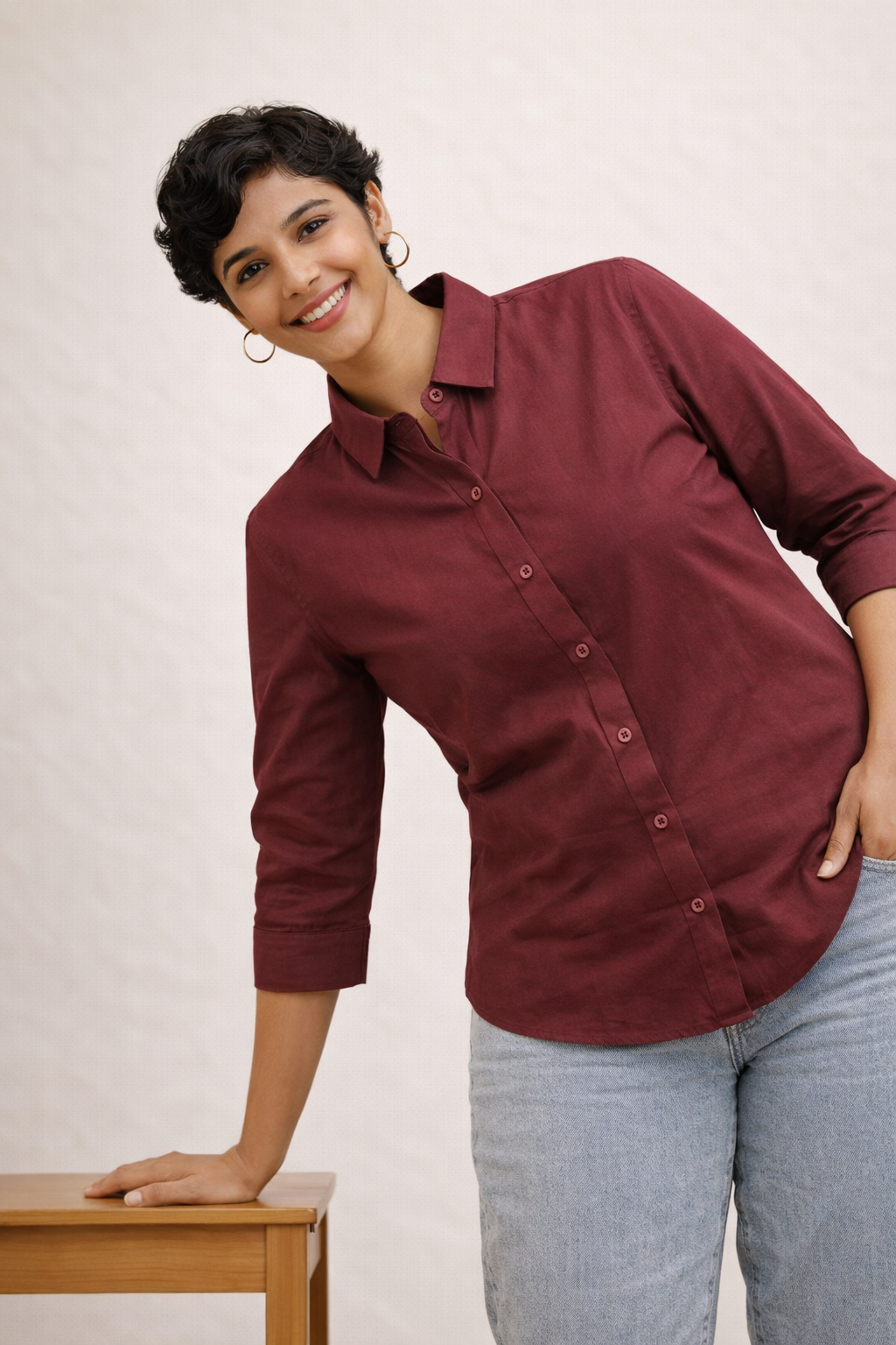 Cotton Solid Collar Shirt for Women | 3/4 Sleeves | Sizes L XL XXL | Miss Kapachi