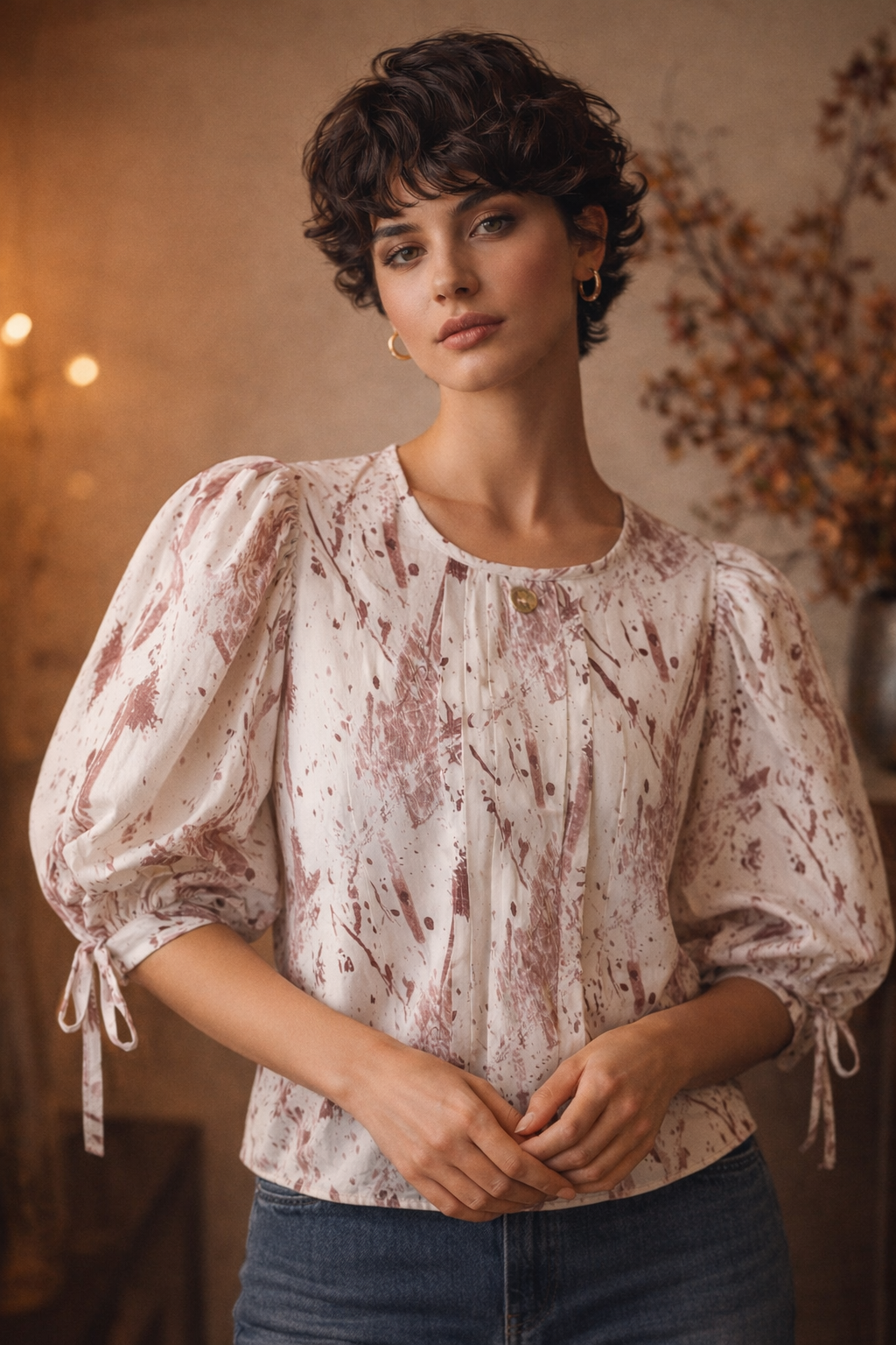 Women's Floral Print Cotton Puff Sleeve Top | Tie-Cuff Casual Top| Miss Kapachi