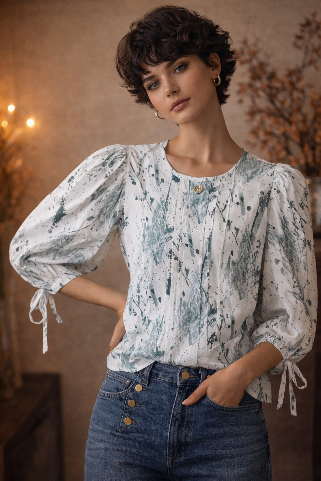 Women's Floral Print Cotton Puff Sleeve Top | Tie-Cuff Casual Top| Miss Kapachi