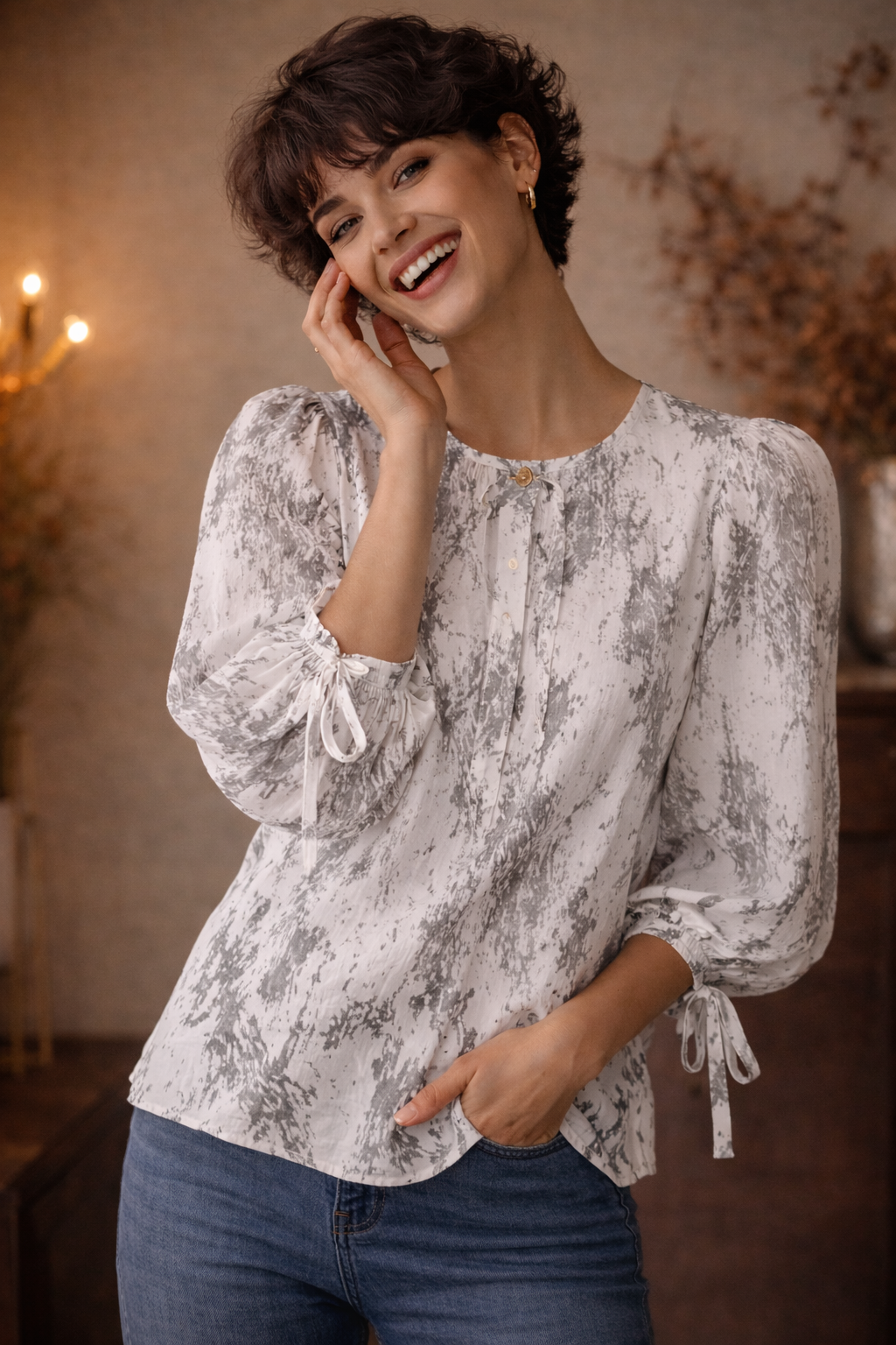 Women's Floral Print Cotton Puff Sleeve Top | Tie-Cuff Casual Top| Miss Kapachi