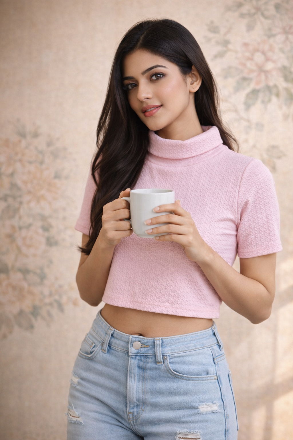 Checks Knit Crop Top | Turtle Neck Short Sleeve Women's Cropped T-Shirt  | Miss Kapachi