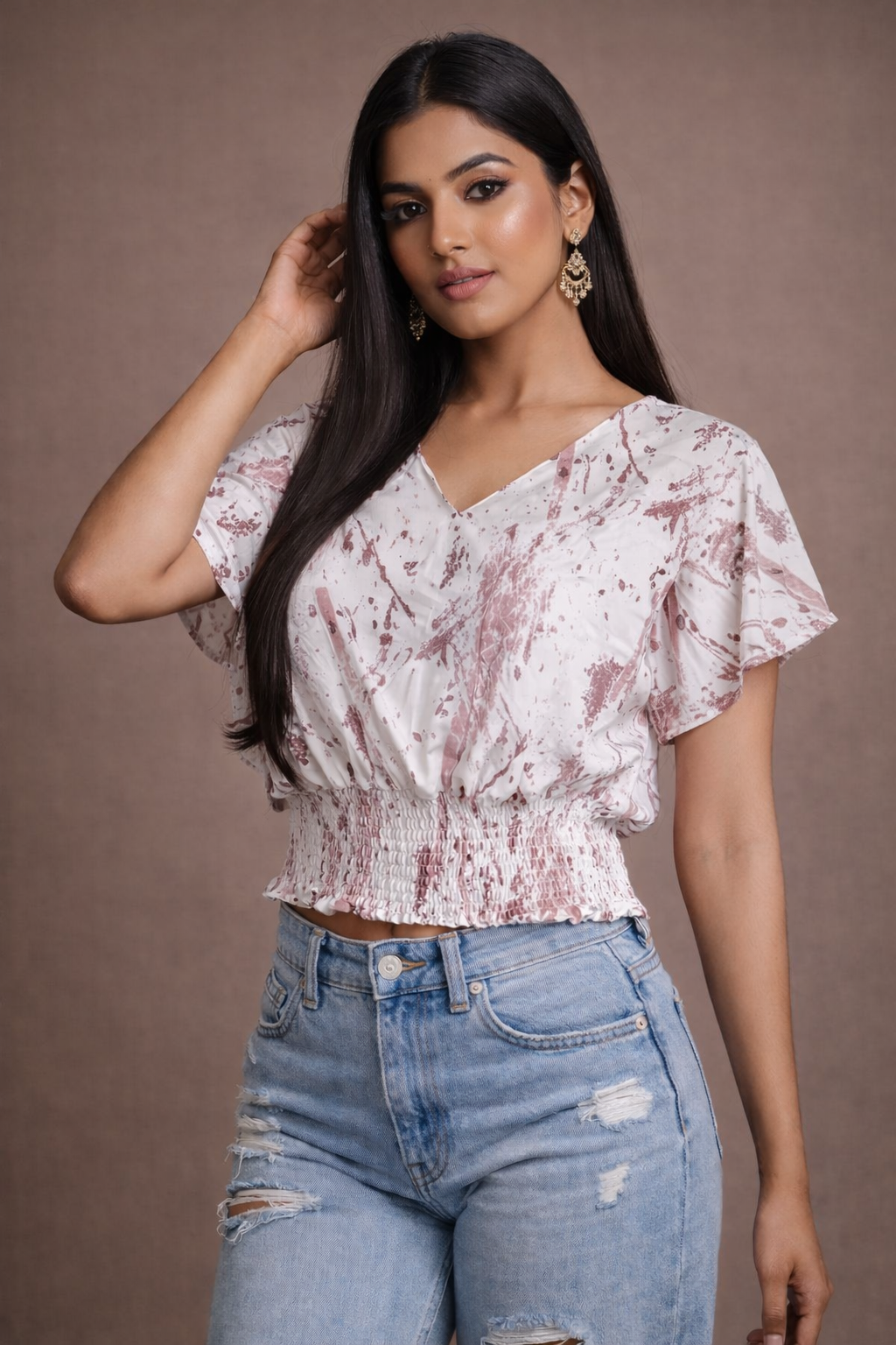 Women's Tie-Dye Crop Top – V-Neck Flutter Sleeve with Smocked Waist |  Miss Kapachi