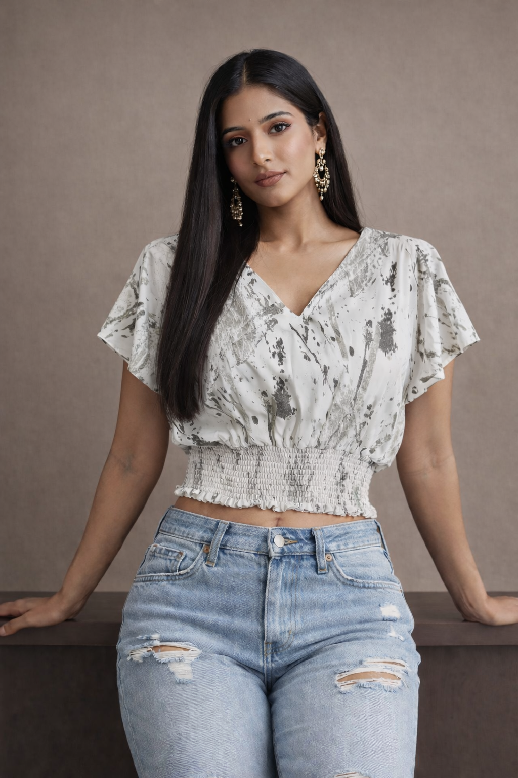 Women's Tie-Dye Crop Top – V-Neck Flutter Sleeve with Smocked Waist |  Miss Kapachi