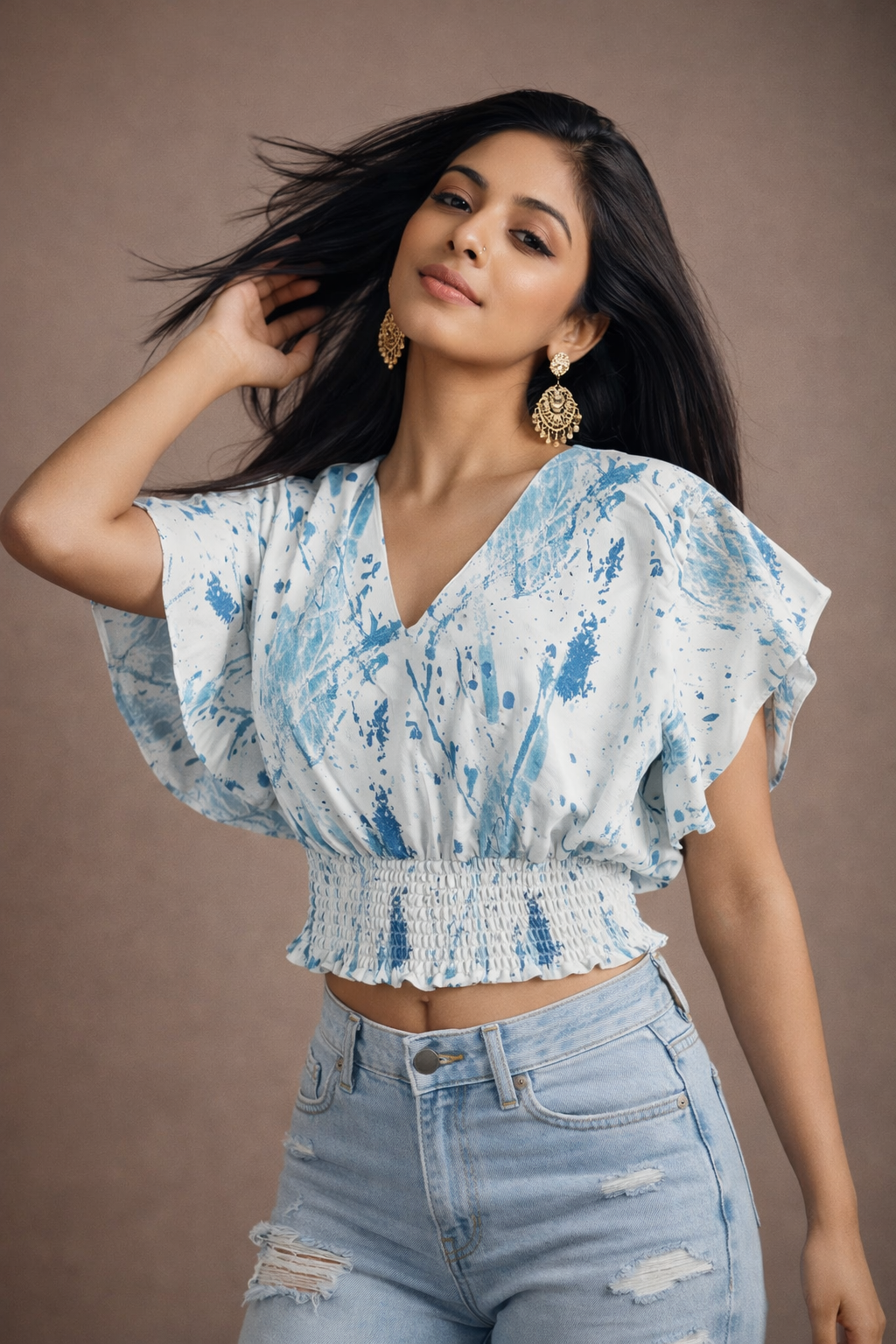 Women's Tie-Dye Crop Top – V-Neck Flutter Sleeve with Smocked Waist |  Miss Kapachi