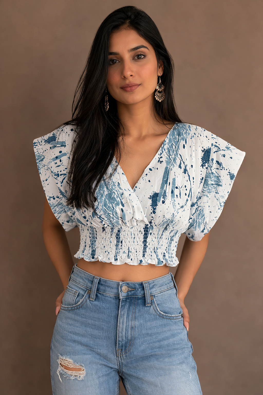 Women's Tie-Dye Crop Top – V-Neck Flutter Sleeve with Smocked Waist |  Miss Kapachi
