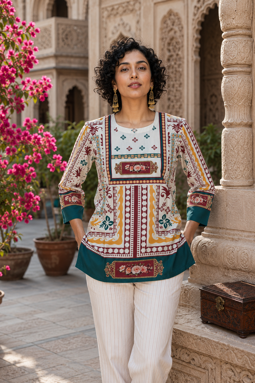 Women's Ethnic Multicolour Print Top | Imported Mapal Fabric | Teal & Maroon | Miss Kapachi