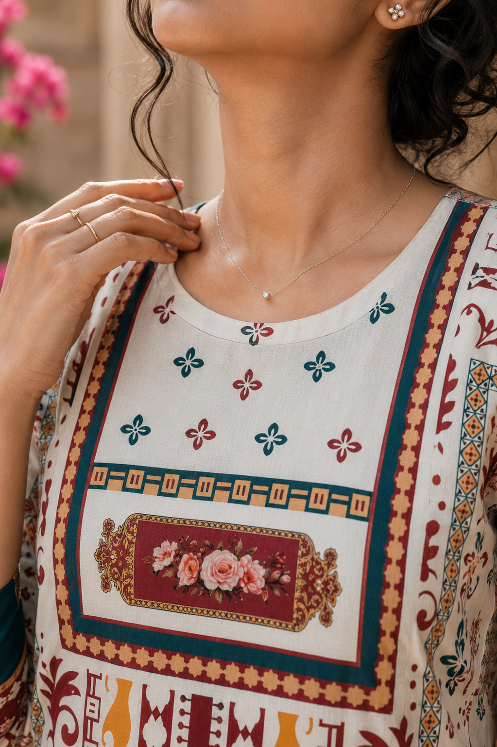 Women's Ethnic Multicolour Print Top | Imported Mapal Fabric | Teal & Maroon | Miss Kapachi