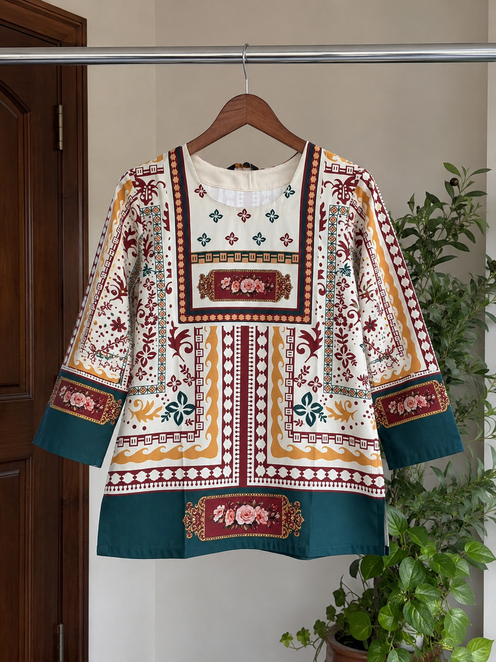 Women's Ethnic Multicolour Print Top | Imported Mapal Fabric | Teal & Maroon | Miss Kapachi