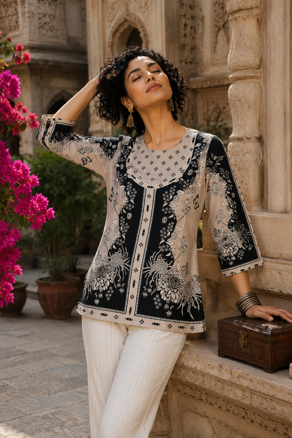 Women's Ethnic Floral Print Top | Imported Mapal Fabric | Black & Cream | Miss Kapachi
