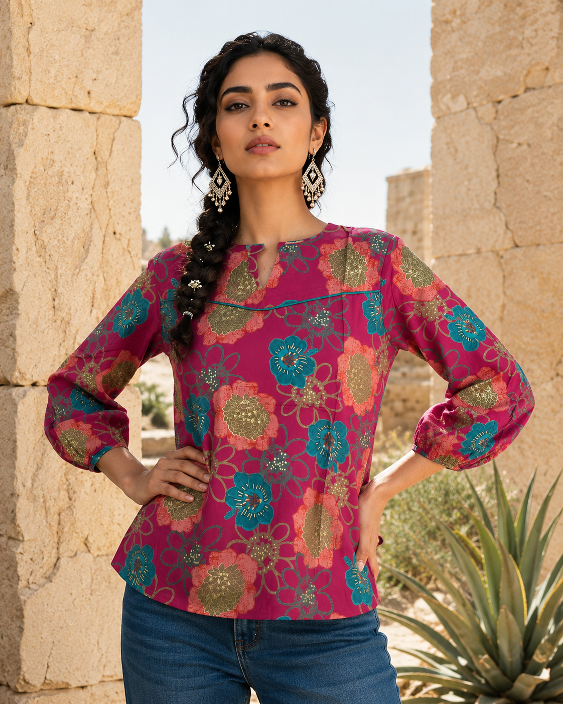 Floral Foil Print Rayon Top | Keyhole Neck, Puff Sleeves | Zero+1