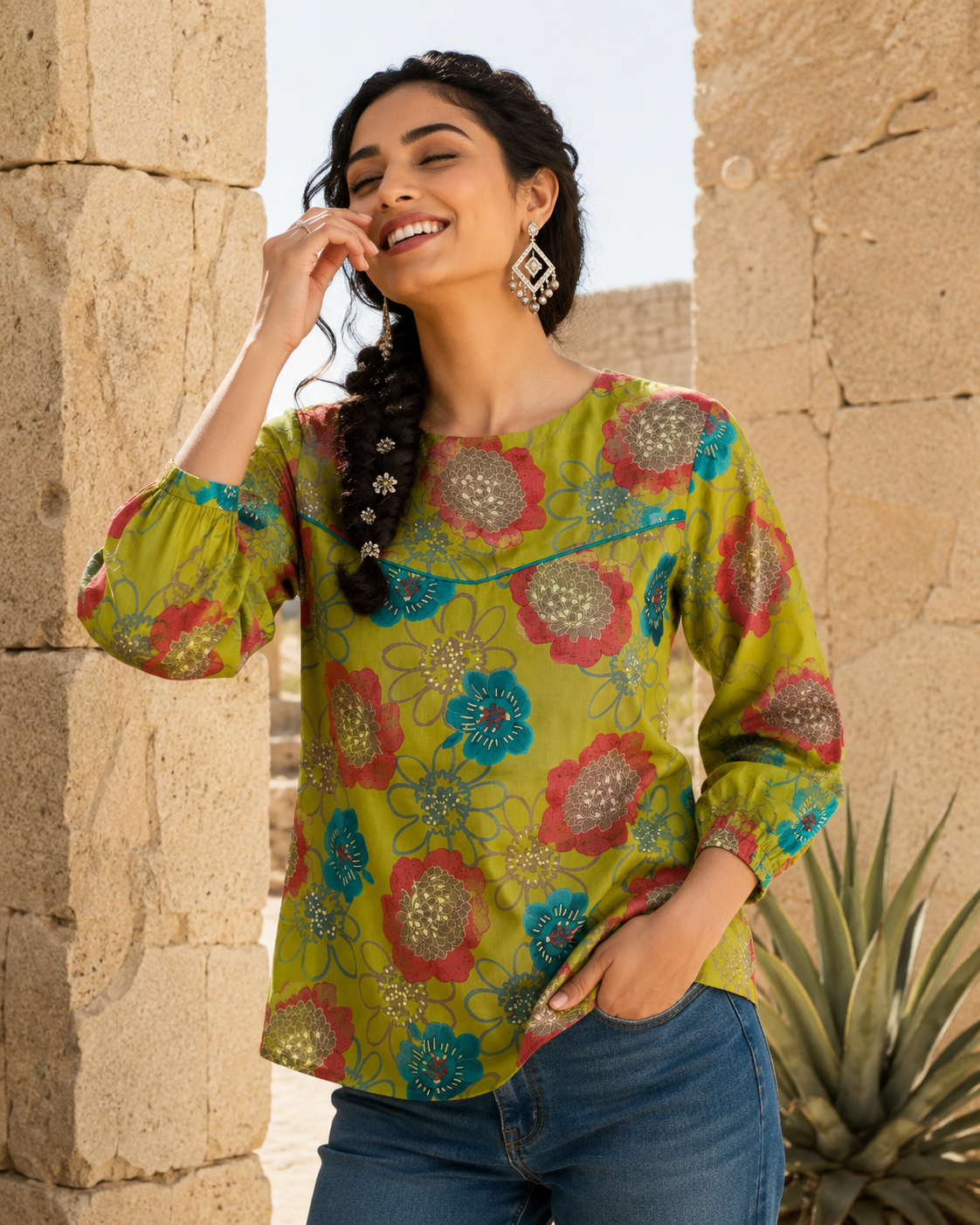Floral Foil Print Rayon Top | Keyhole Neck, Puff Sleeves | Zero+1