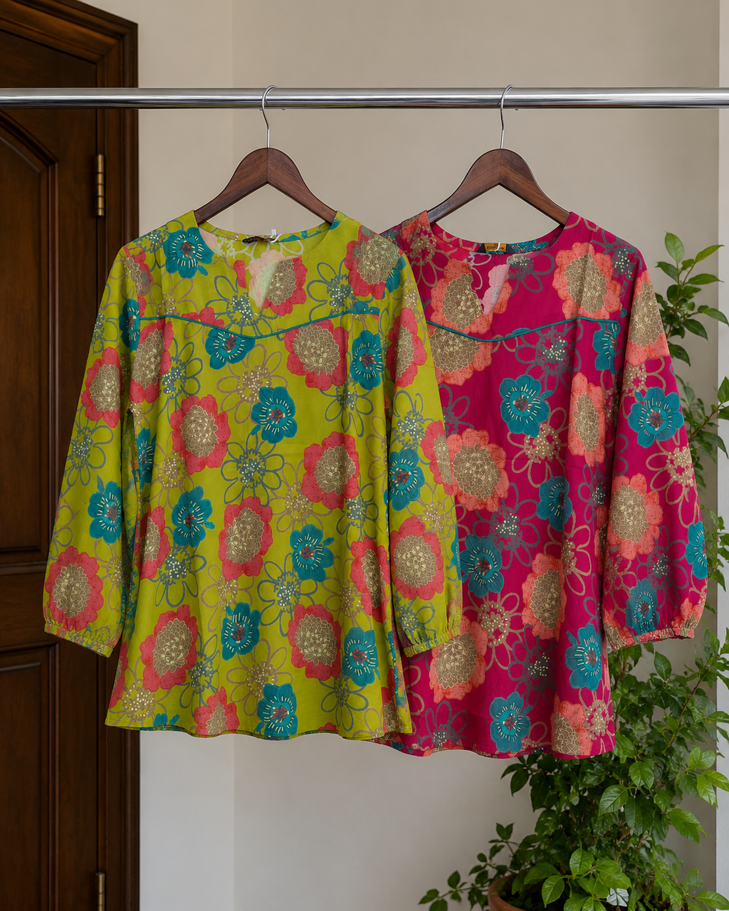 Floral Foil Print Rayon Top | Keyhole Neck, Puff Sleeves | Zero+1