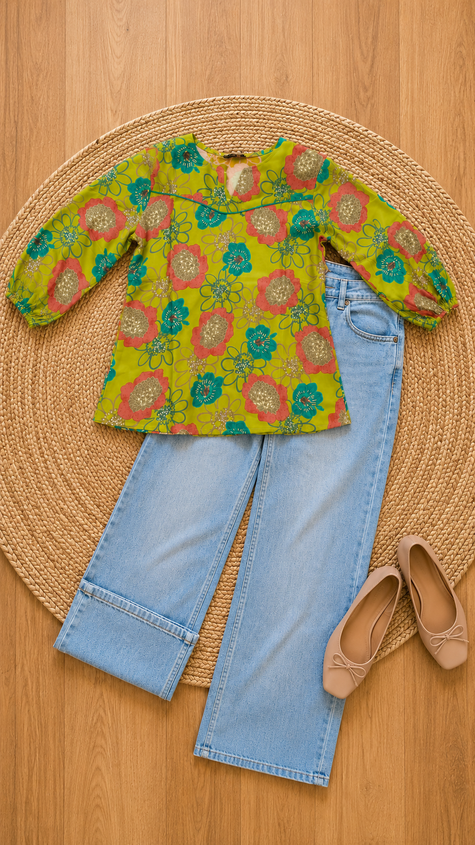 Floral Foil Print Rayon Top | Keyhole Neck, Puff Sleeves | Zero+1